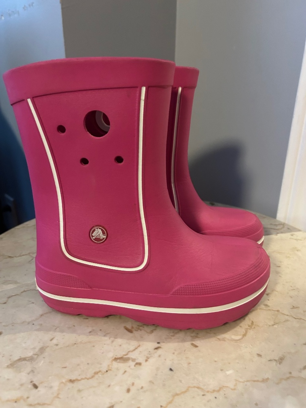 Crocs Kids Crocband Jaunt Rain Boots Pink White Youth Size J3 Girls Slip On